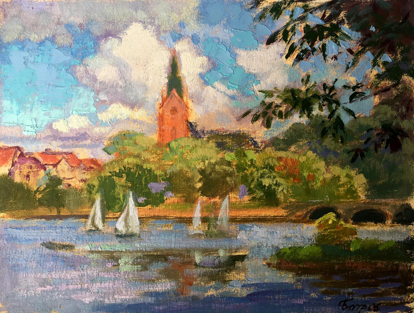 Oil painting Summer sailboats in the city Vladimir Batrakov