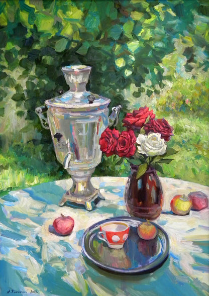 Oil painting Still life with a samovar and roses Anatoly Kymnatny