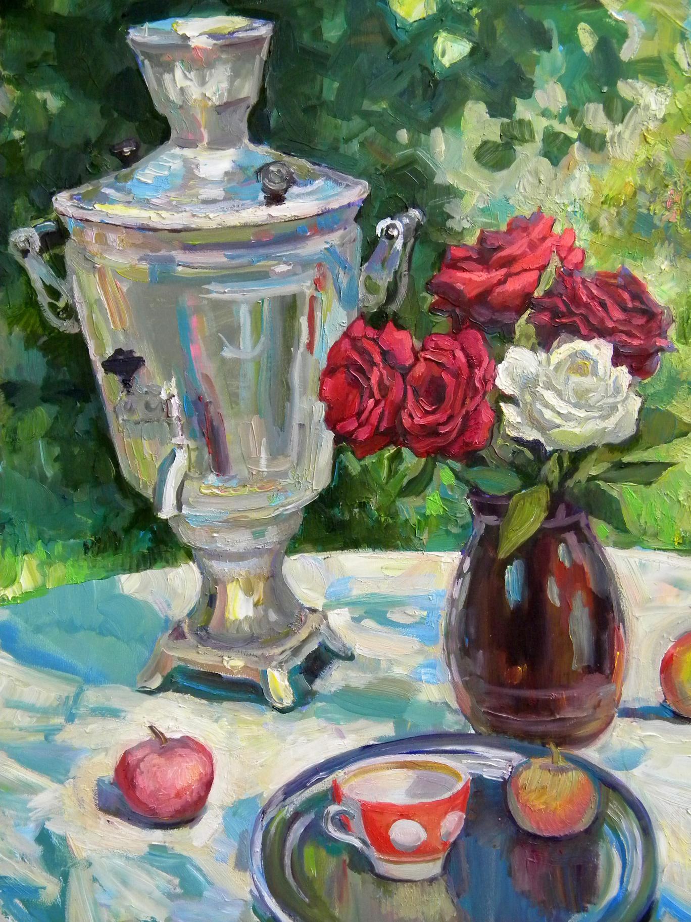 Oil painting Still life with a samovar and roses Anatoly Kymnatny