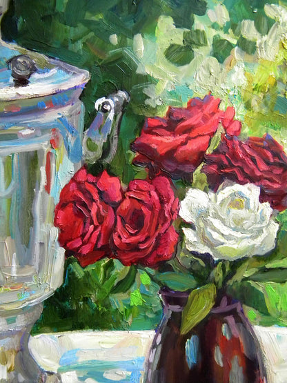 Oil painting Still life with a samovar and roses Anatoly Kymnatny