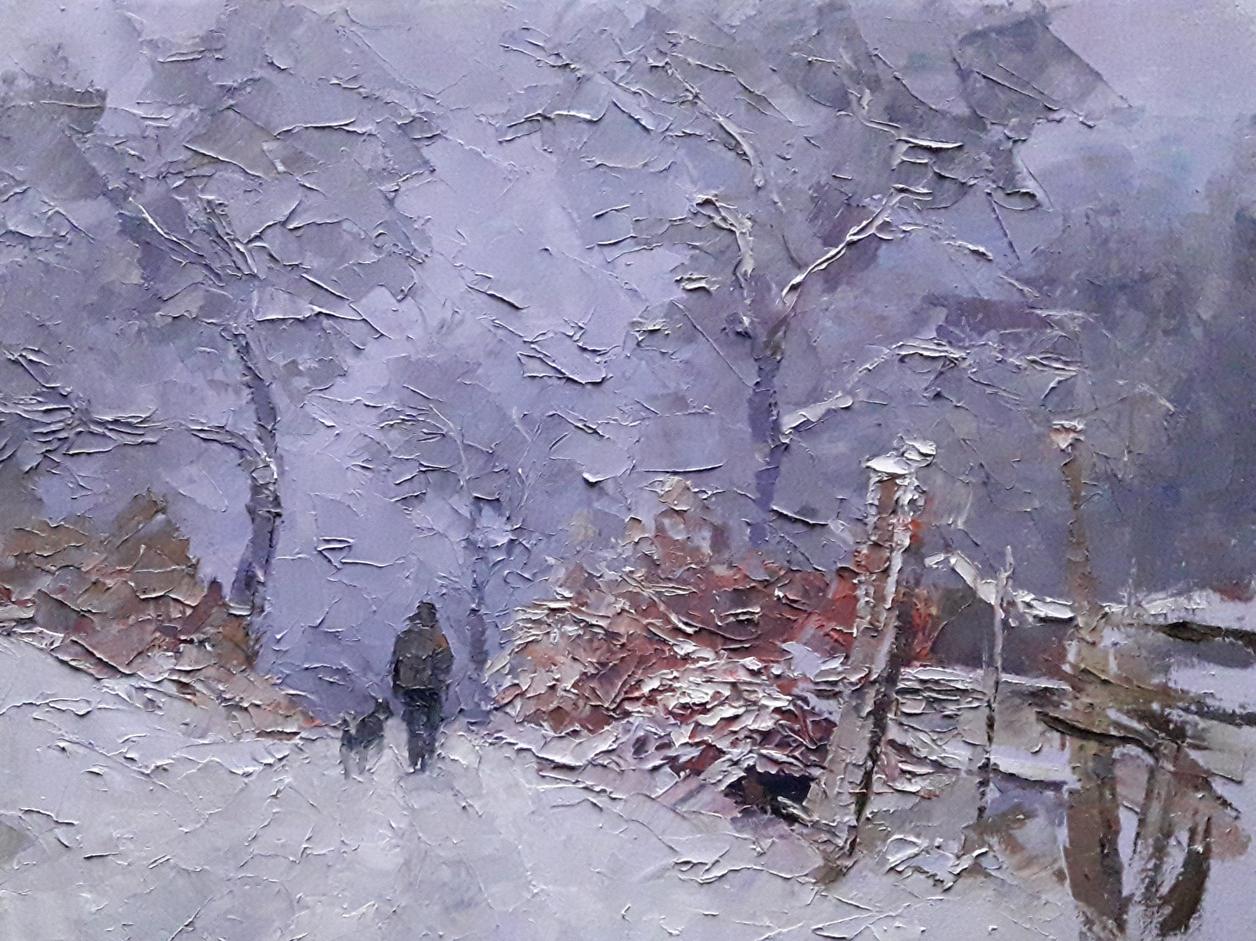 Winter in Transcarpathia as depicted in an oil painting by Boris Petrovich Serdyuk