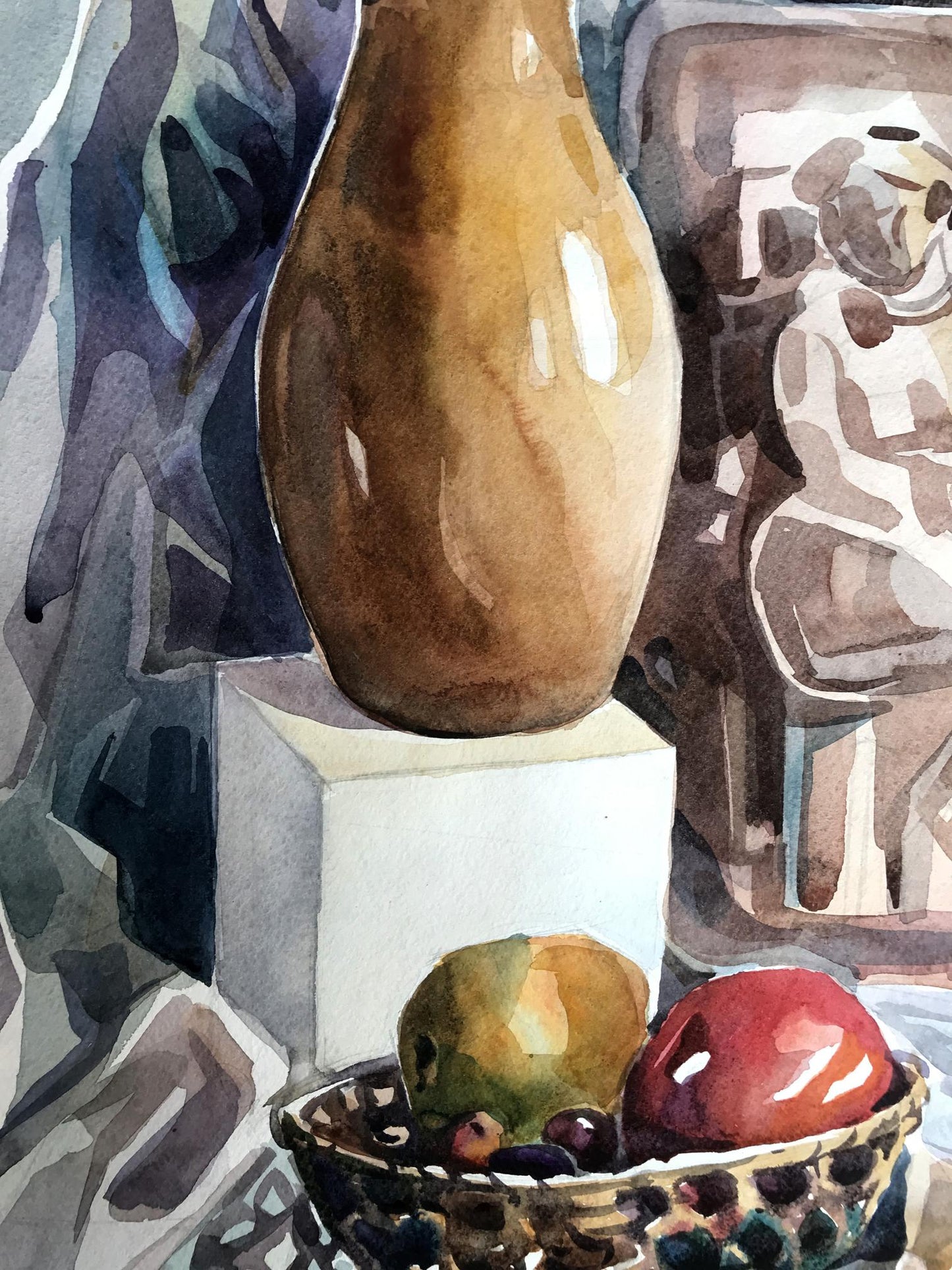 The watercolor by an unknown artist illustrates fruits and a vase on a table