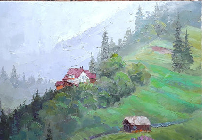 The artwork "Rain in the Mountains" crafted by Boris Petrovich Serdyuk in oil