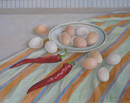 Oil painting Still life with eggs and peppers Valery Savenets
