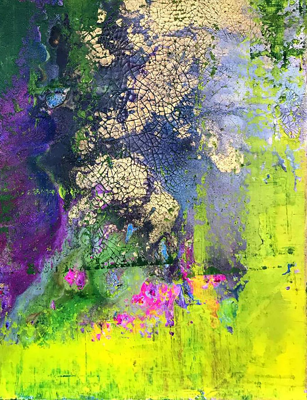 In Olga Melezhik's acrylic painting, a garden of lilacs is featured