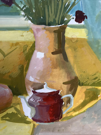 Gouache painting Flowers on the windowsill Unknown artist