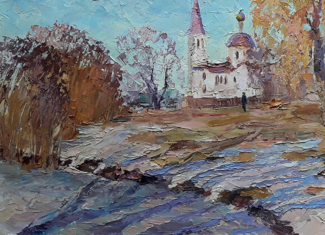 Oil painting Winter landscape with a temple Serdyuk Boris Petrovich