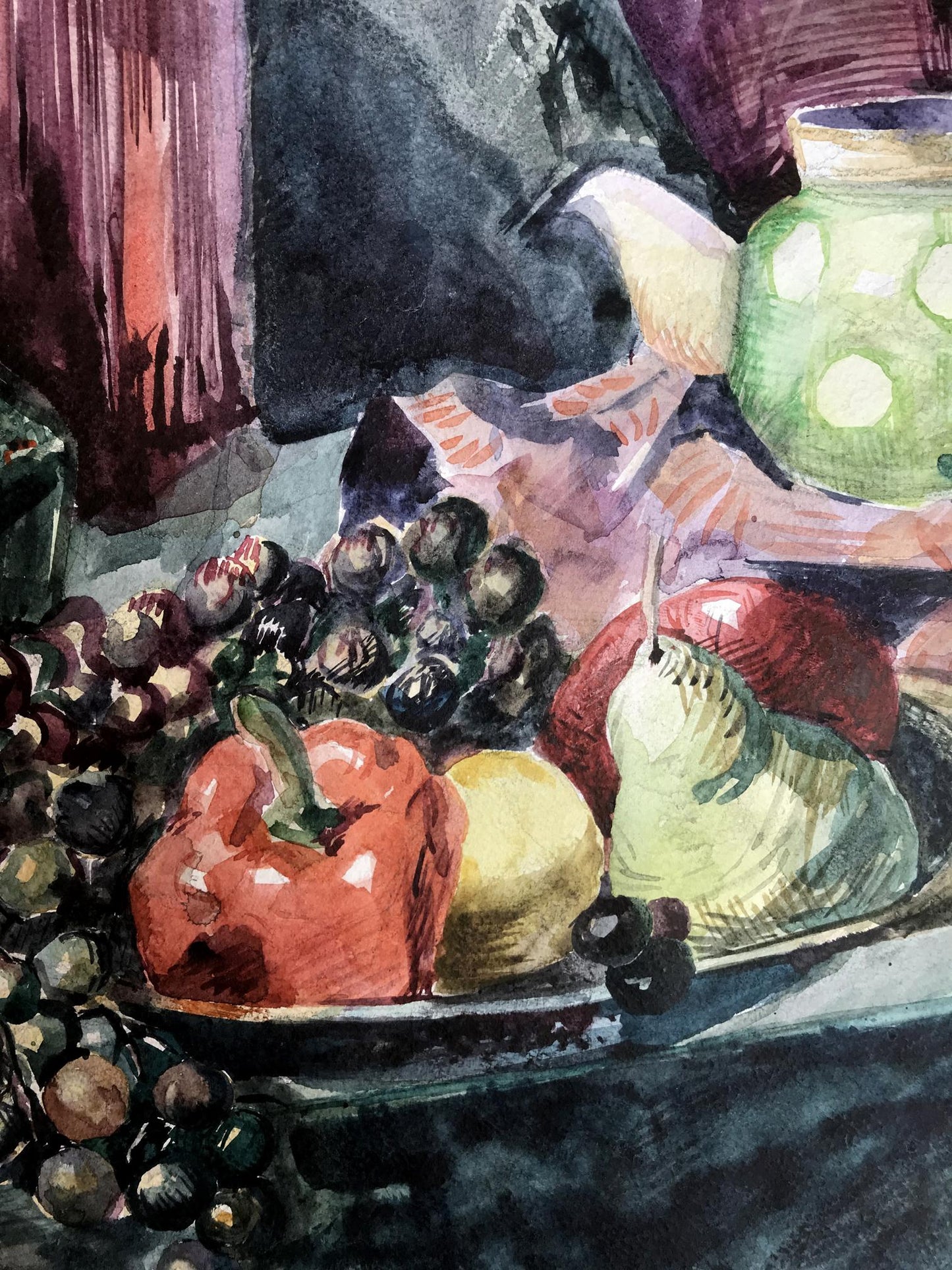 In this watercolor by an unknown artist, grapes and fruits are depicted