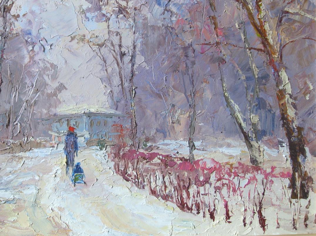 Oil painting titled "Winter Walk" by Boris Petrovich Serdyuk