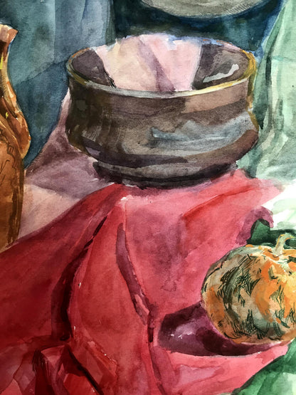 Watercolor painting Pumpkin still life Unknown artist