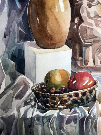 An unknown artist's watercolor painting shows fruits and a vase on the table