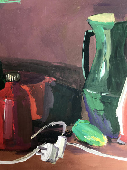 Gouache painting Iron and bottles Unknown artist