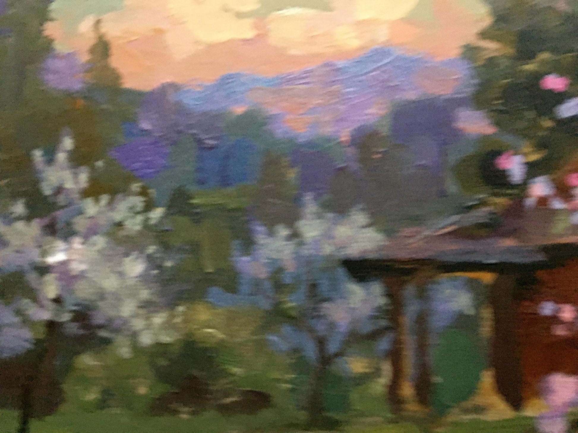 Oil painting titled "Blooming Garden in the Evening" by Vladimir Batrakov