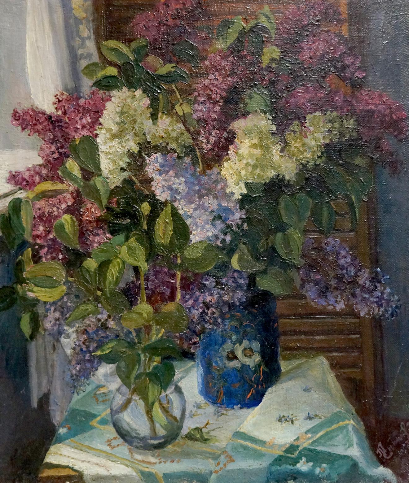 Oil painting Fresh lilacs in vases Unknown artist