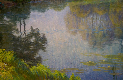 Zlyden's oil artwork, "Lake Landscape," illustrating the serene ambiance of a lake setting.