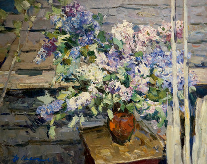 Oil painting Bouquet of lilacs in the yard Fedor Zakharov