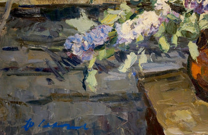 Oil painting Bouquet of lilacs in the yard Fedor Zakharov