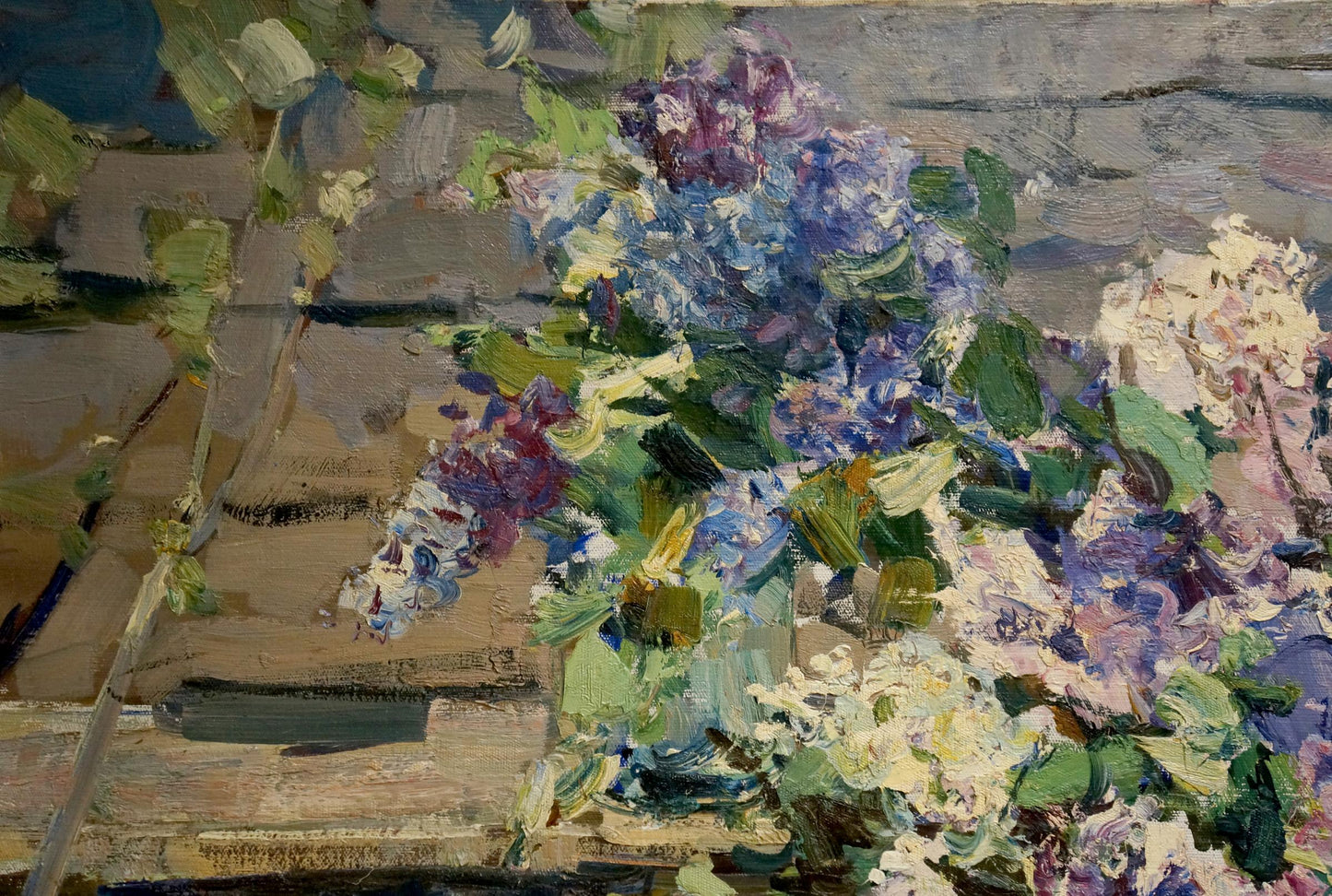 Oil painting Bouquet of lilacs in the yard Fedor Zakharov