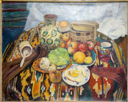 Oil painting Still life with dinner on the table Unknown artist