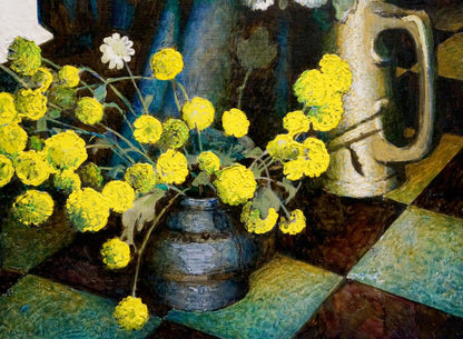 Vladimir Igorevich Panich depicts white and yellow flowers in his oil painting