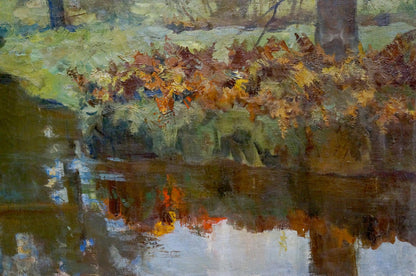 Frents' oil painting beautifully portrays the tranquility of a forest stream