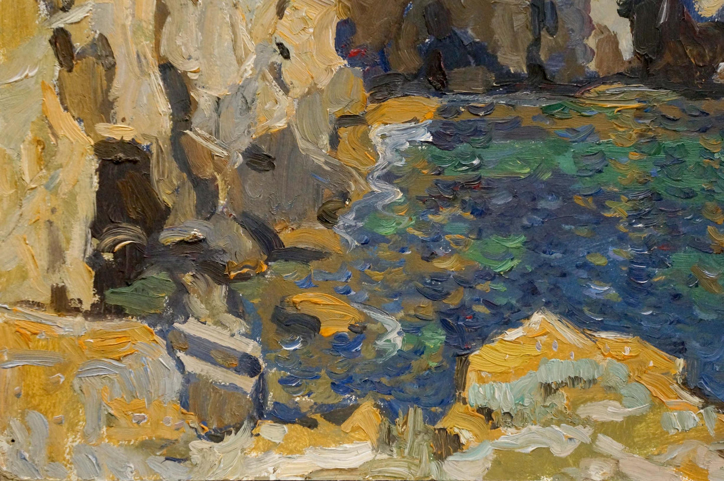 Yuri Alexandrovich Konovalov's oil artwork features a landscape near a cliff