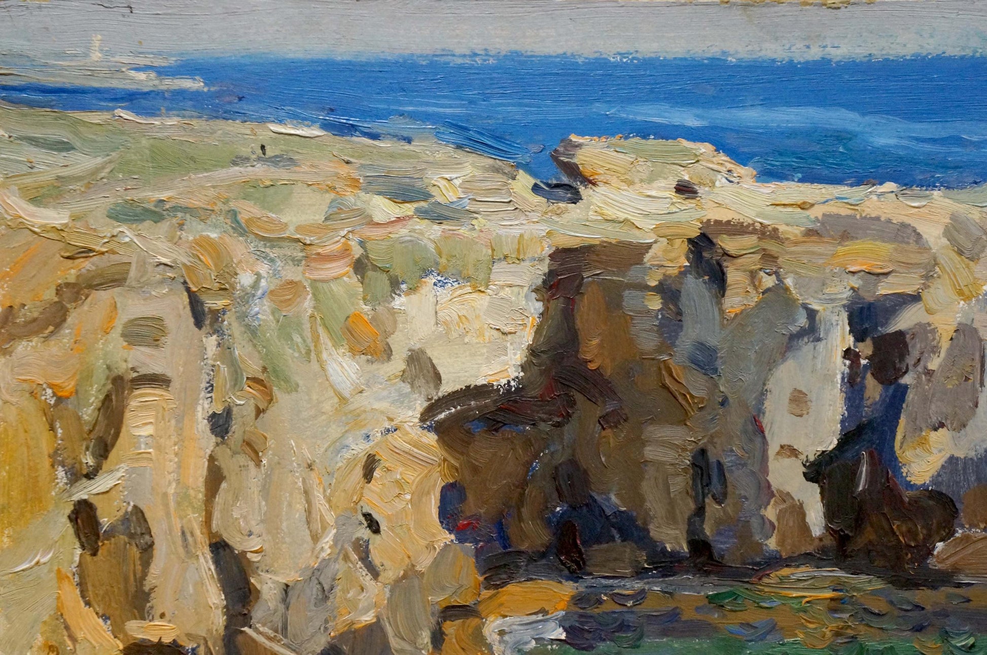 In his oil painting, Yuri Alexandrovich Konovalov captures a scenic view by a cliff