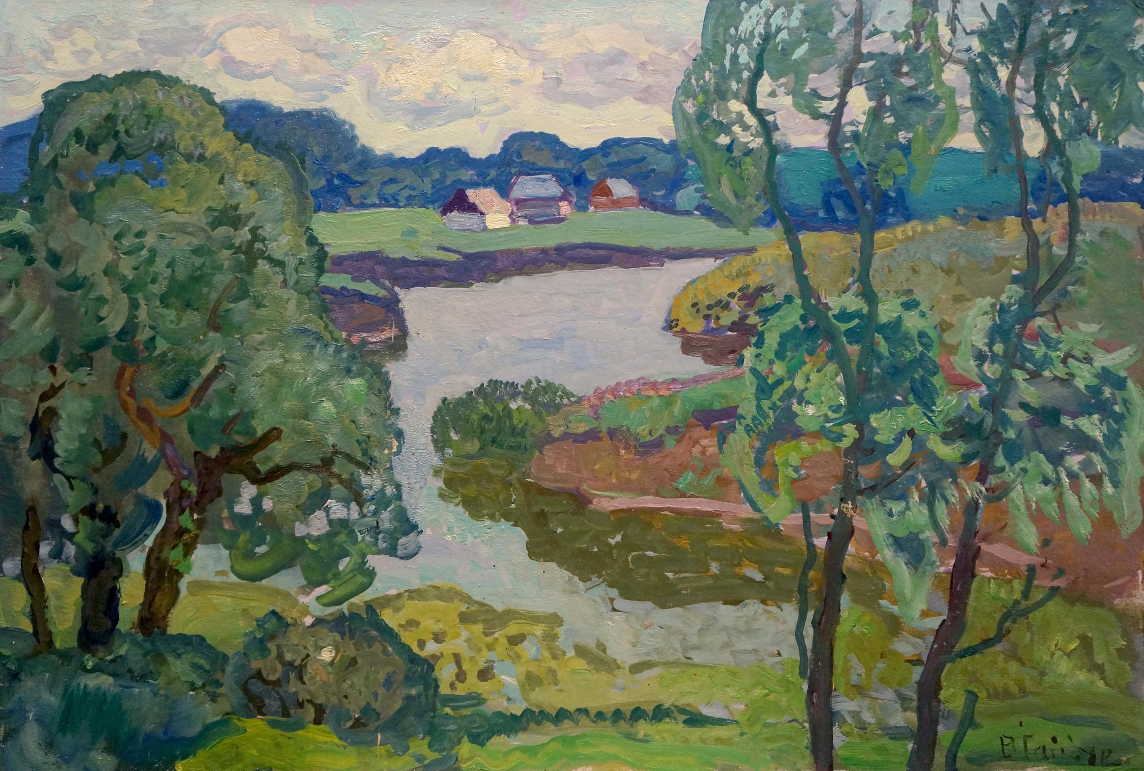 Oil painting Landscape overlooking the river Viktor Gaiduk