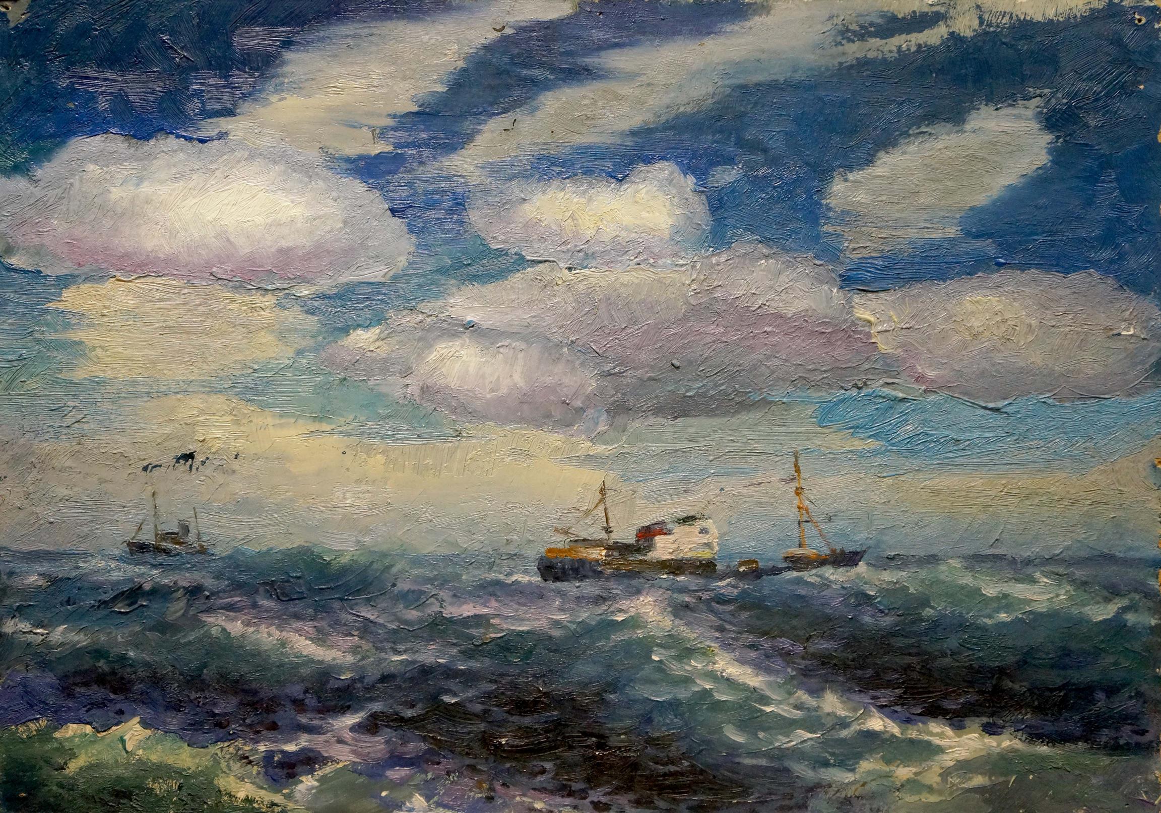 Oil painting Ships sail on the sea Unknown artist