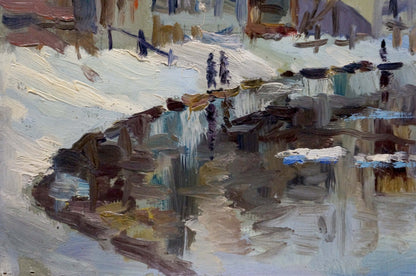 Oil painting Snowy city by the river Unknown artist