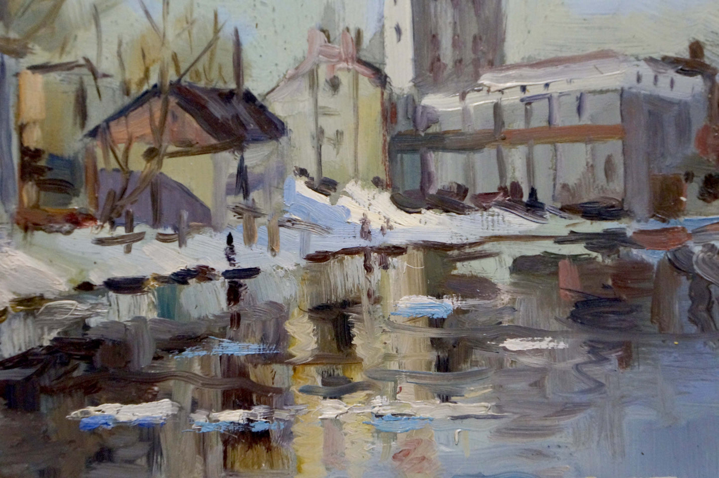 Oil painting Snowy city by the river Unknown artist