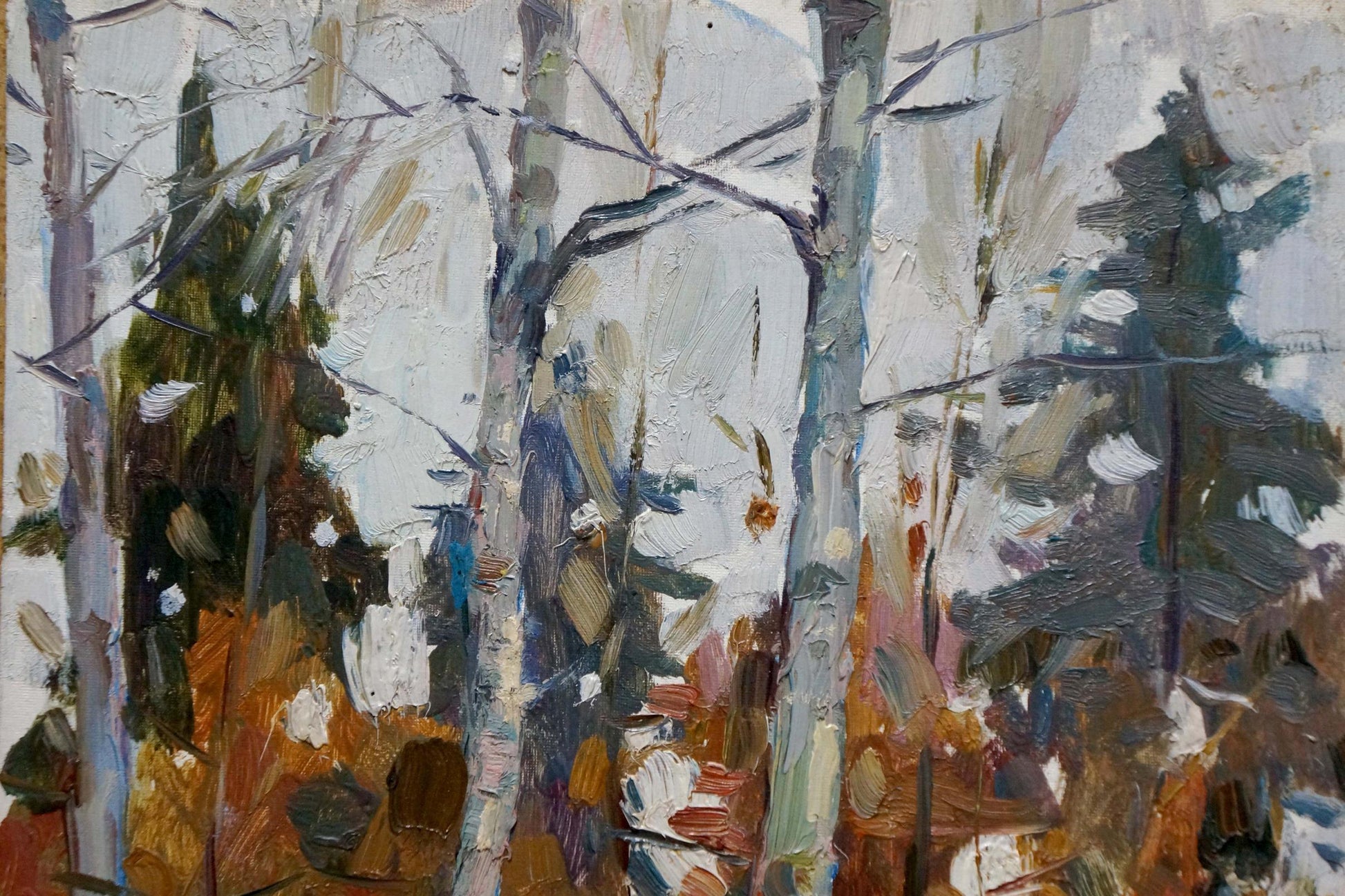 The oil painting by Mikhail Saulovich Turovsky features a forest setting