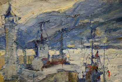 Within Ilya Cherkashin's oil painting, a port setting is depicted