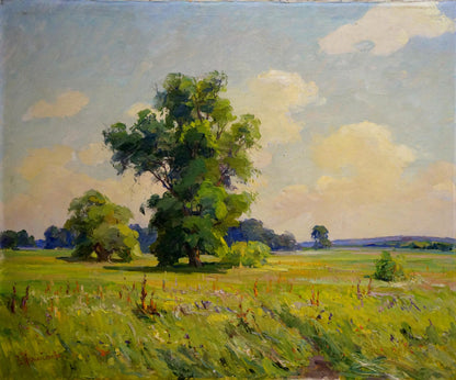Oil painting Lonely trees in a green field Vasily Nepiypivo