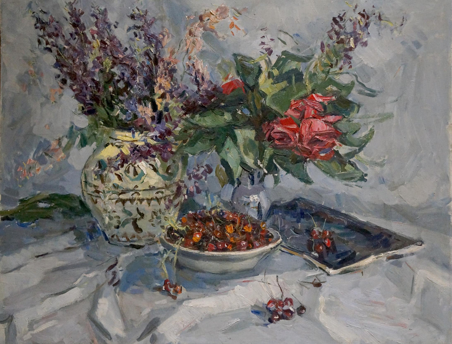 Oil painting Bouquet of roses and lilacs Vera Dovgalevskaya