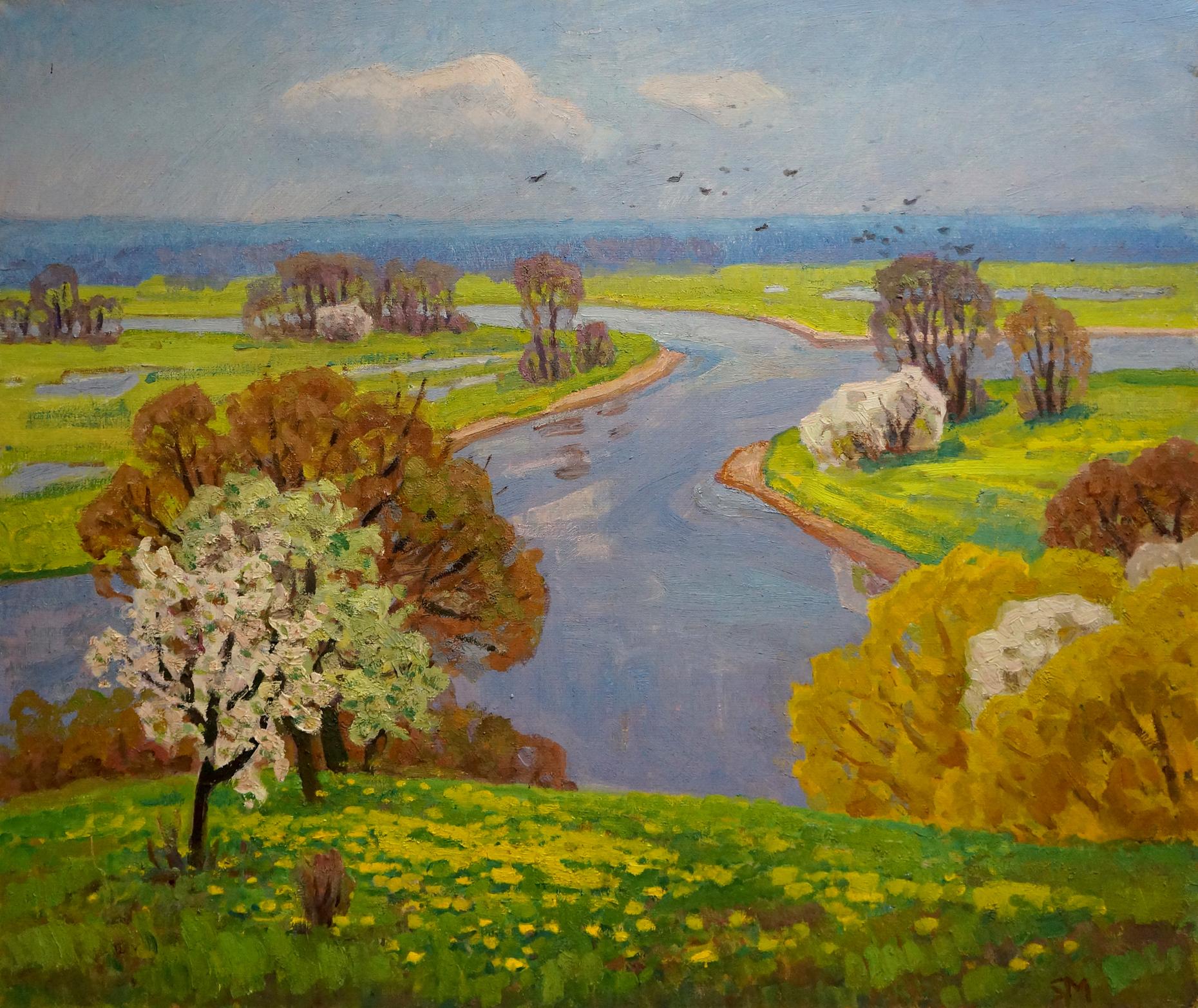 Oil painting Landscape with river flood Unknown artist