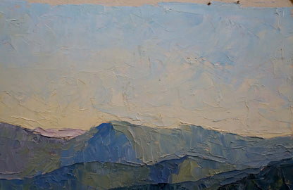 The Great Mountains are portrayed in oil by an artist whose identity remains unknown