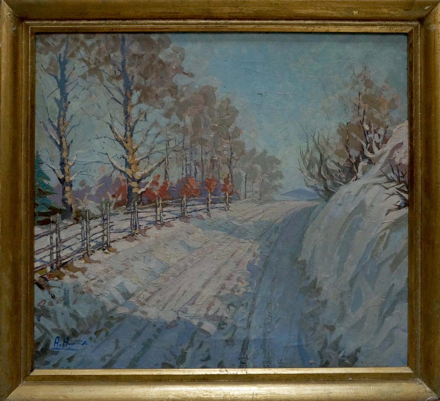 Oil painting Trees along a winter road Unknown artist