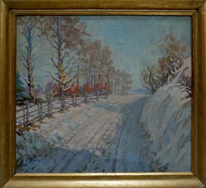 Oil painting Trees along a winter road Unknown artist