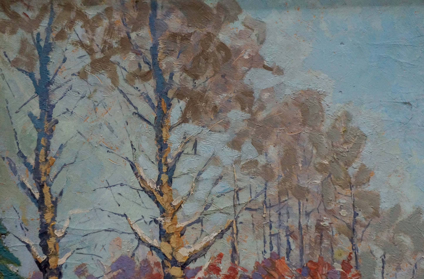 Oil painting Trees along a winter road Unknown artist