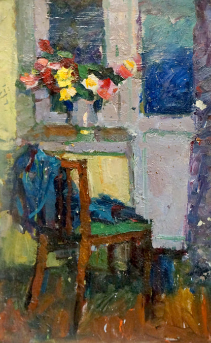 Oil painting Flowers on the windowsill