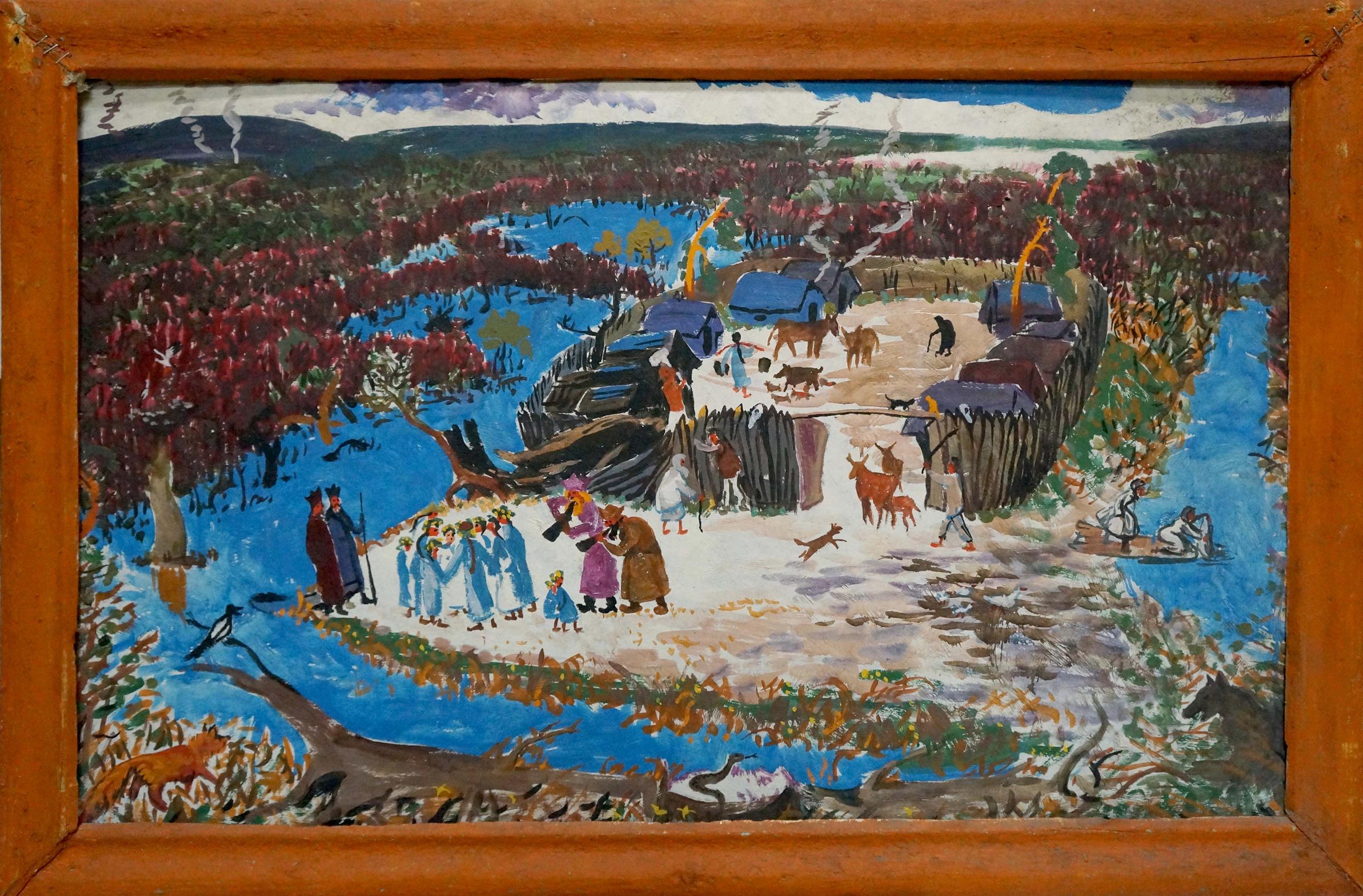 Oil painting The village is surrounded by a river Unknown artist