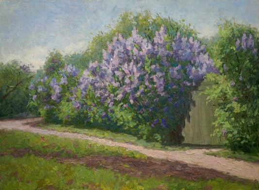 Oil painting Lilac blooms by the yard Fedorov Nikolay Alekseevich