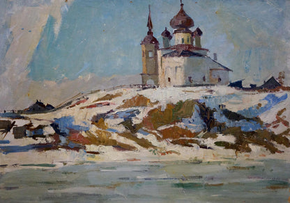 Oil painting Old church on the shore A. G. Gulyaev