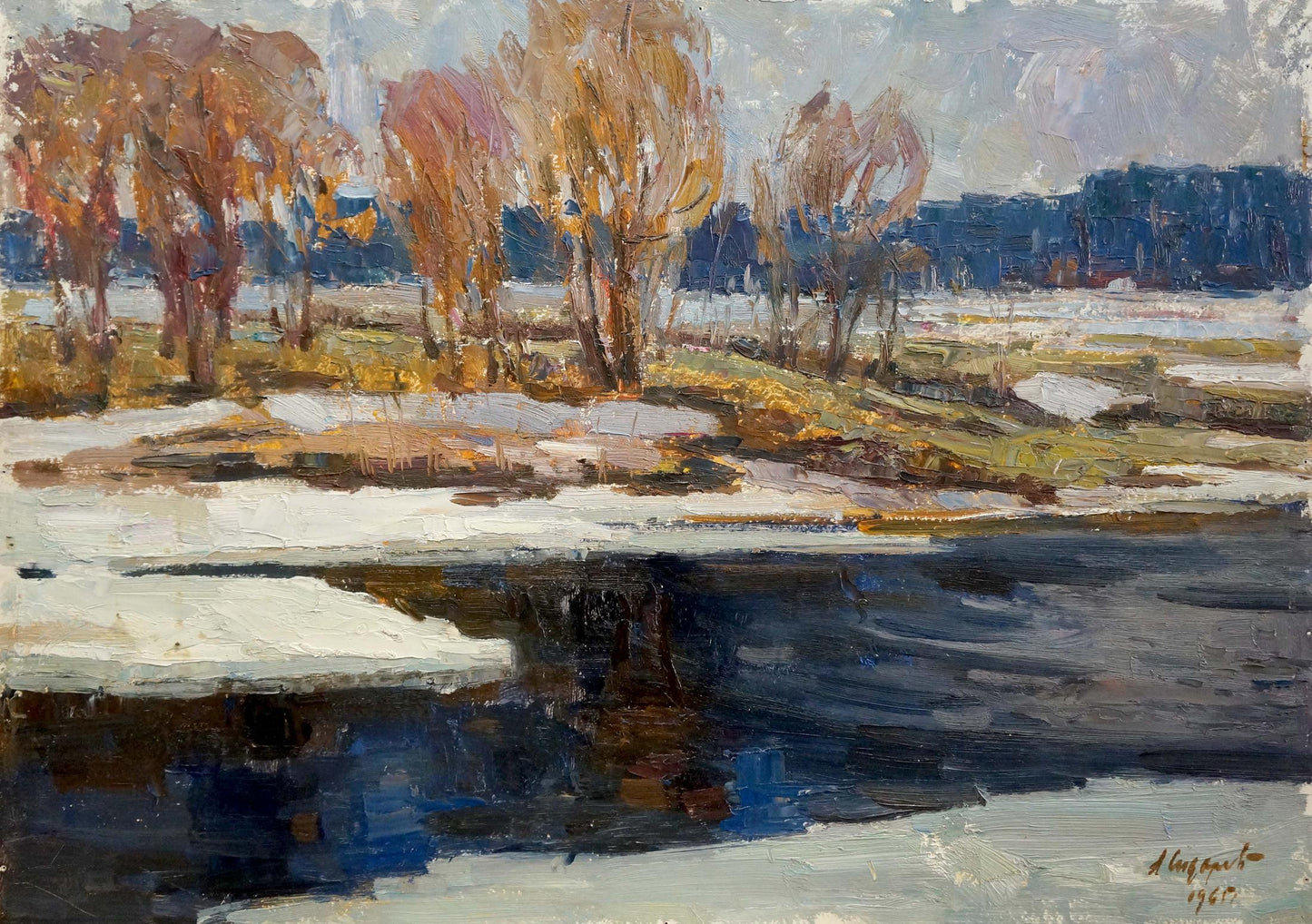 Oil painting Snow melts Sidorov Alexey Evdokimovich