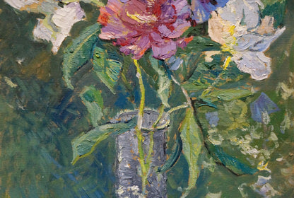 Oil painting Vase with flowers in the garden Unknown artist