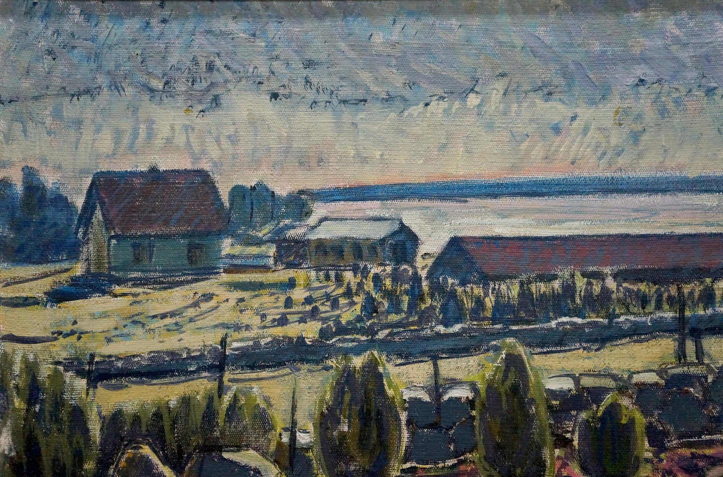 Oil painting by a Lithuanian artist featuring a house near the sea
