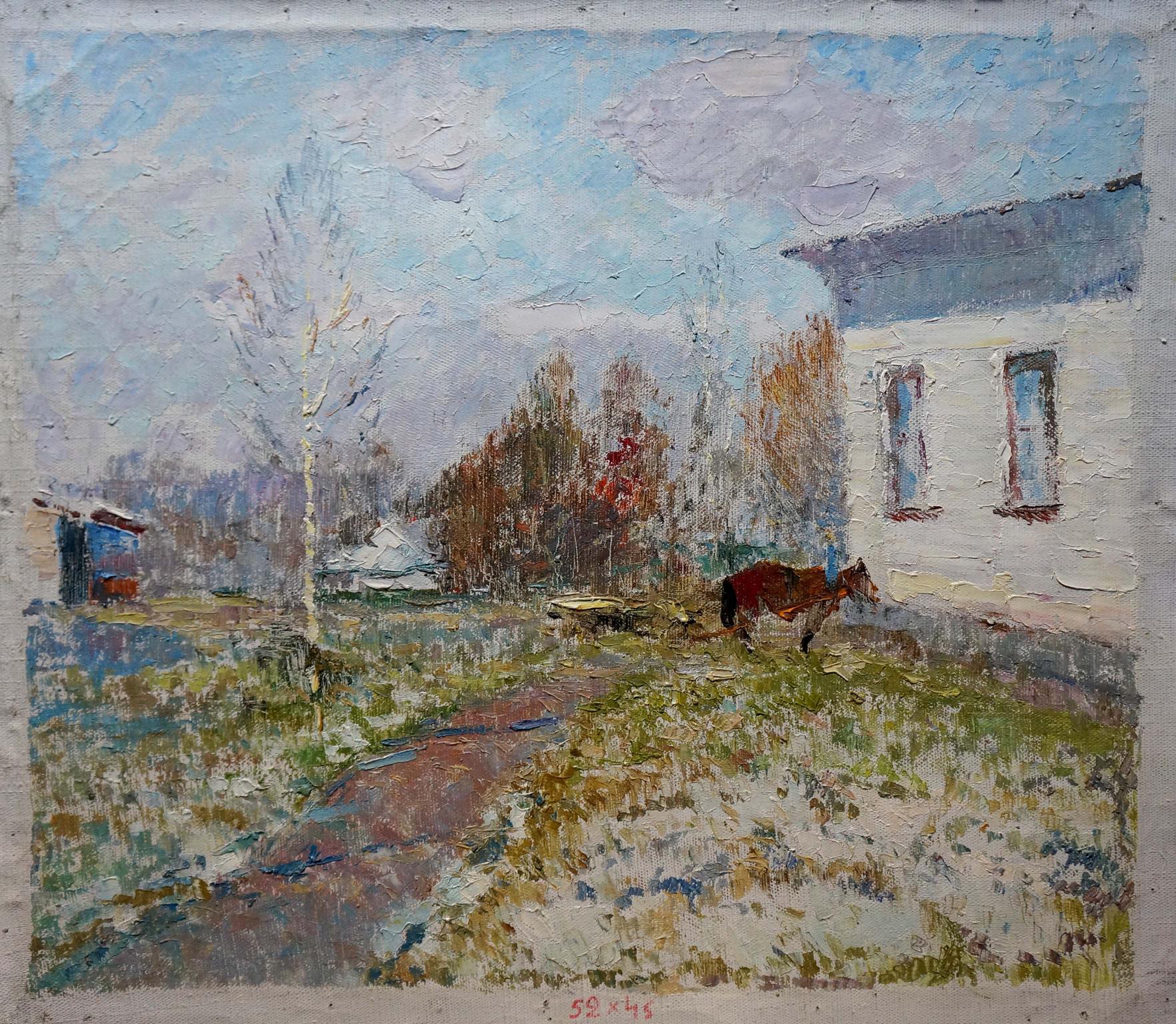 Oil painting Brown horse in the yard Viktor Sevastyanov