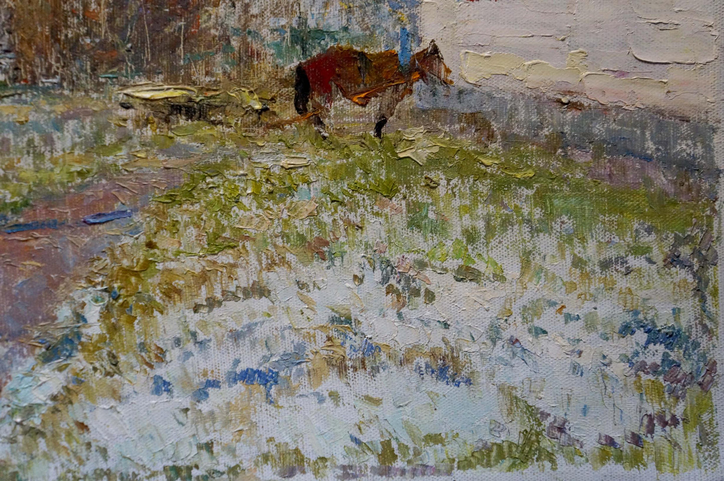Oil painting Brown horse in the yard Viktor Sevastyanov
