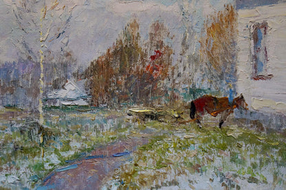 Oil painting Brown horse in the yard Viktor Sevastyanov